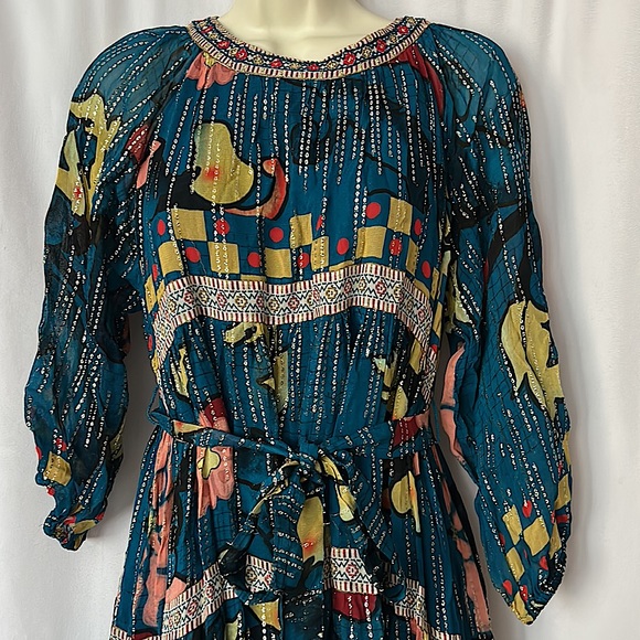 Anthropologie Verb Pallavi NWT Boho Dark Blue Floral Eulalia Gold Dress **Sz 4** - Picture 3 of 5